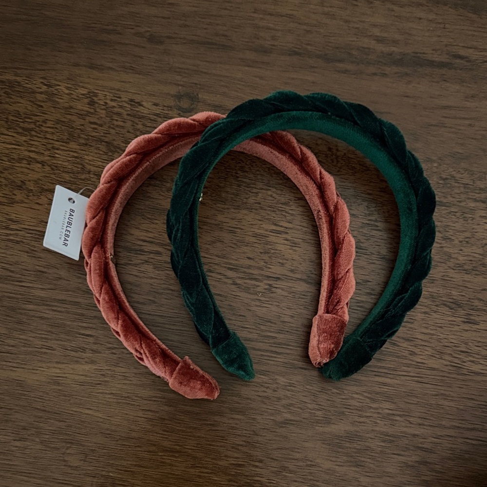 BaubleBar Braided Velvet Headband Duo - Forest Green and Rose Pink